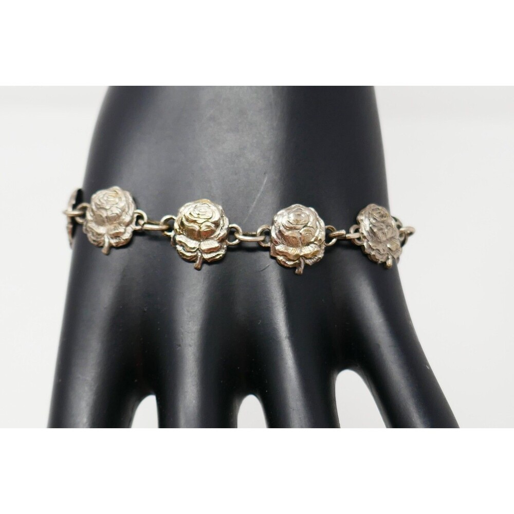 Vintage Sterling Silver Saints Rose Flower Rosary Devotional Link Bracelet